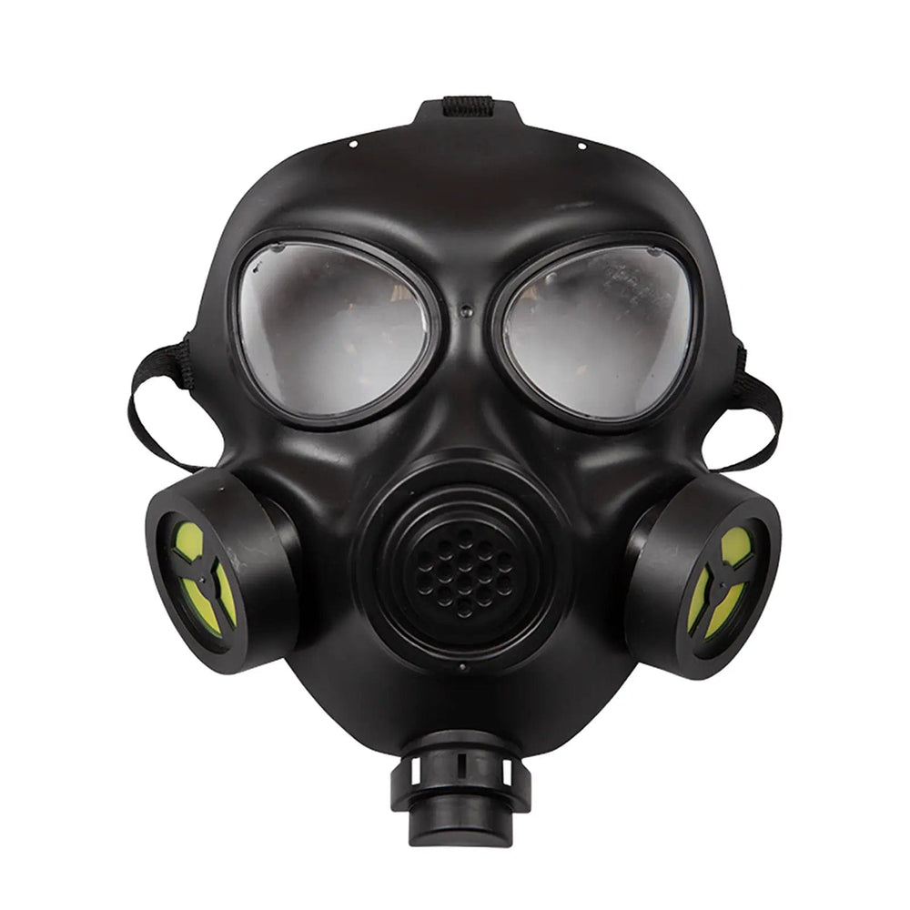 Black plastic gas mask with nuclear symbols for fancy dress costumes