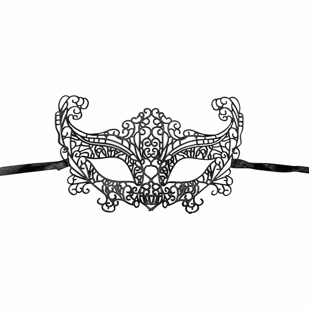 Black cut away eye mask with fine detailing abd black ribbon ties