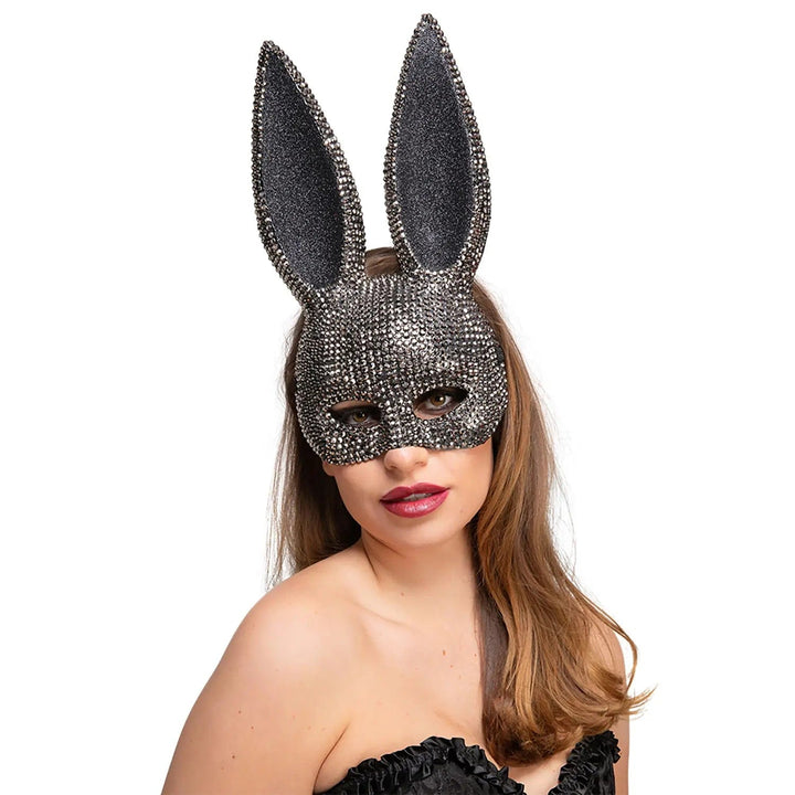 Lady wearing a rabbit ears mask decorated with diamante jewels