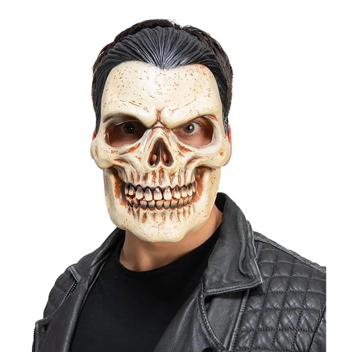 Man wearing a full head latex skull mask with painted black hair for Halloween costumes