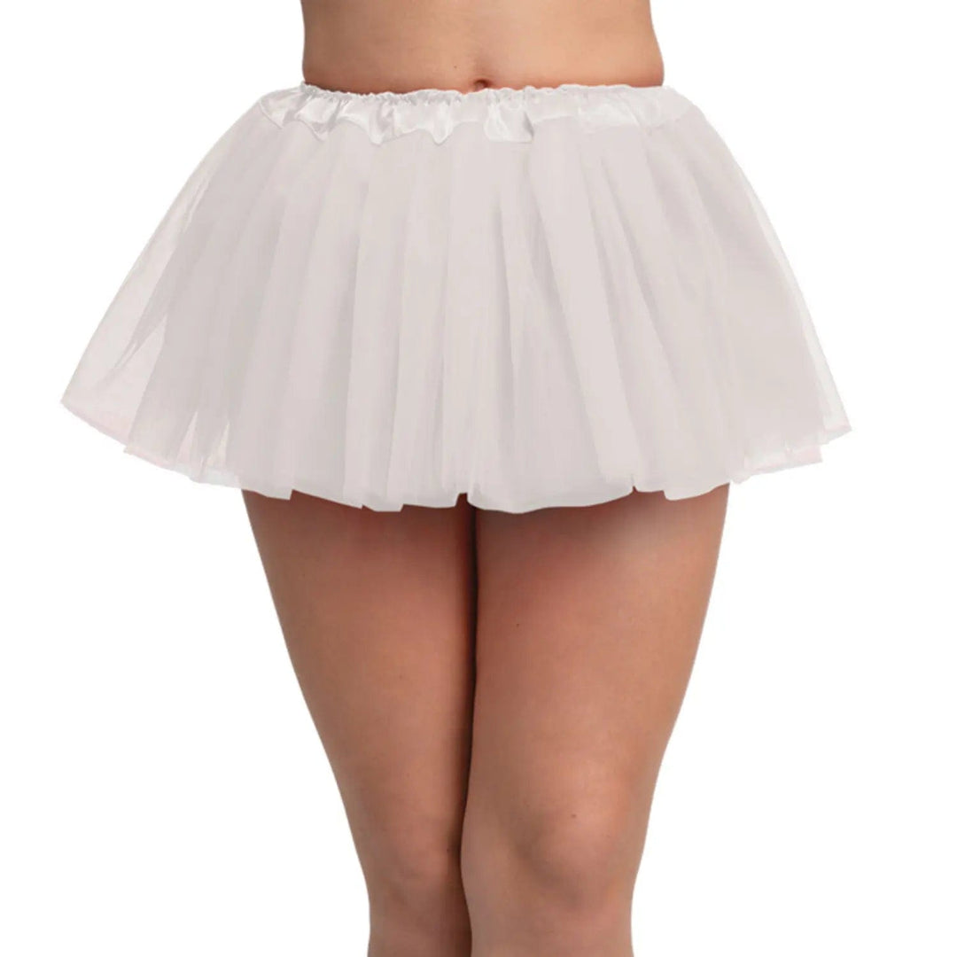 model wearing a very short white tutu ballet skirt for fancy dress costumes