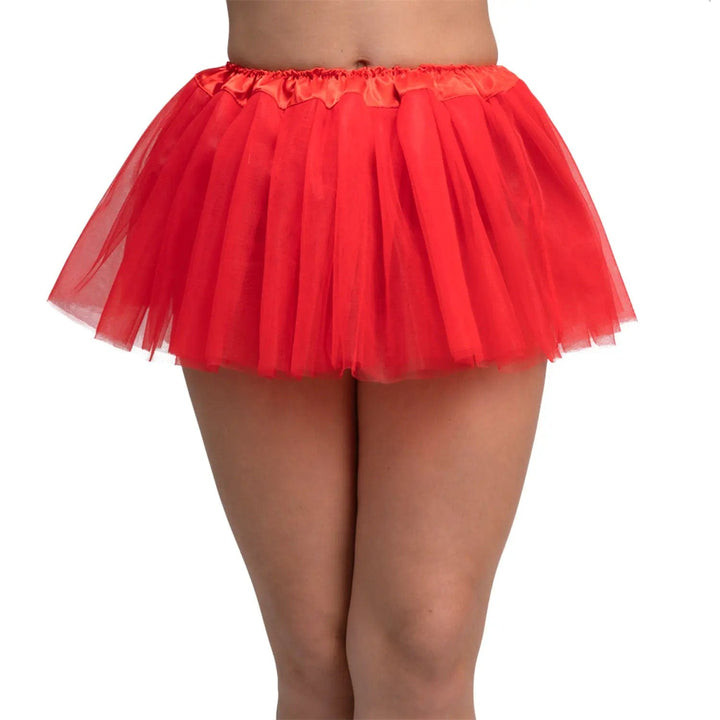 model wearing a very short red tutu ballet skirt for fancy dress costumes