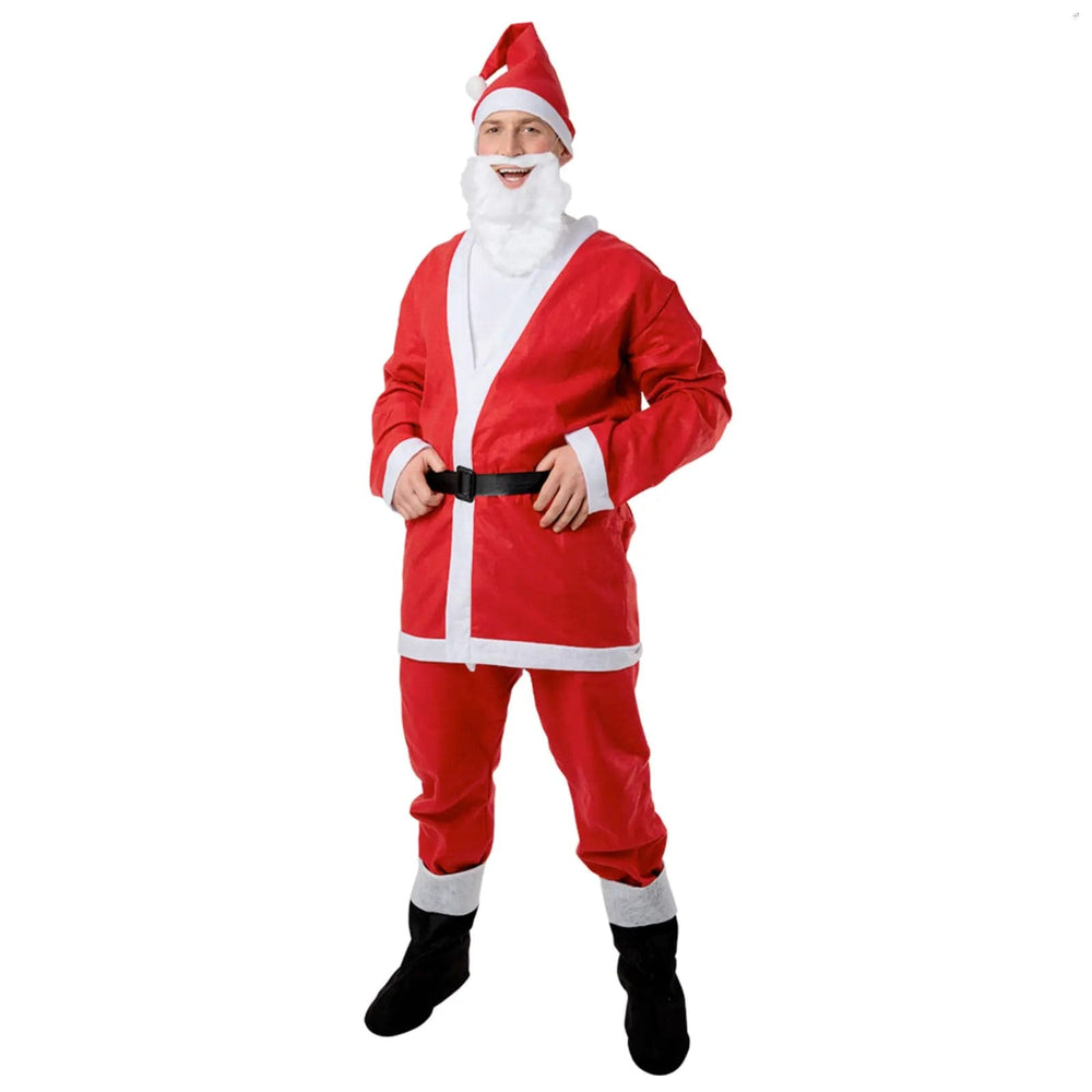 Man wearing a budget Santa suit costume with beard, belt and boot covers