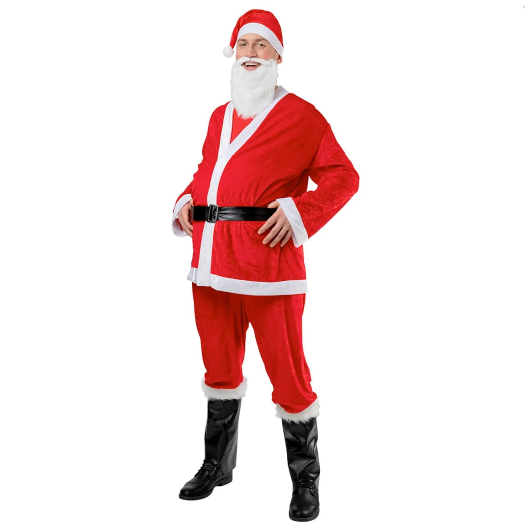 Man wearing a deluxe Santa suit with beard, belt and boot covers