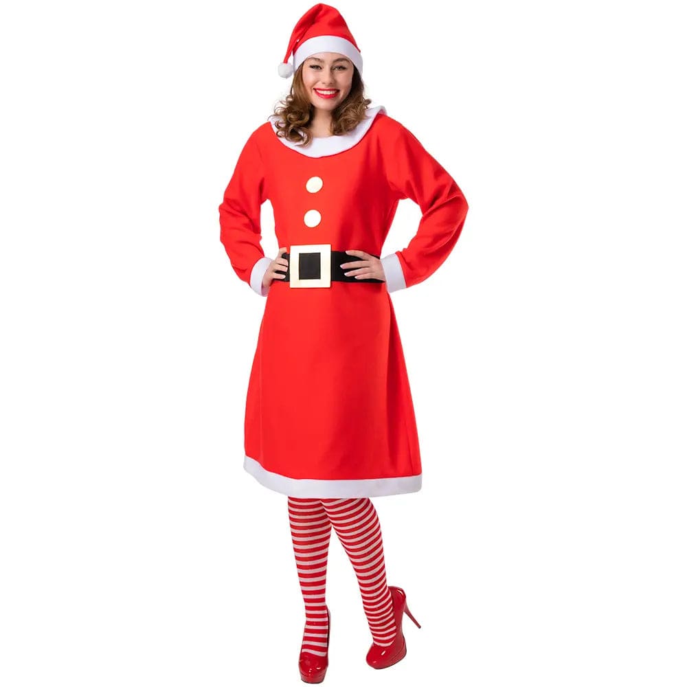 Lady wearing aMrs Santa Claus dress weth belt and matching hat