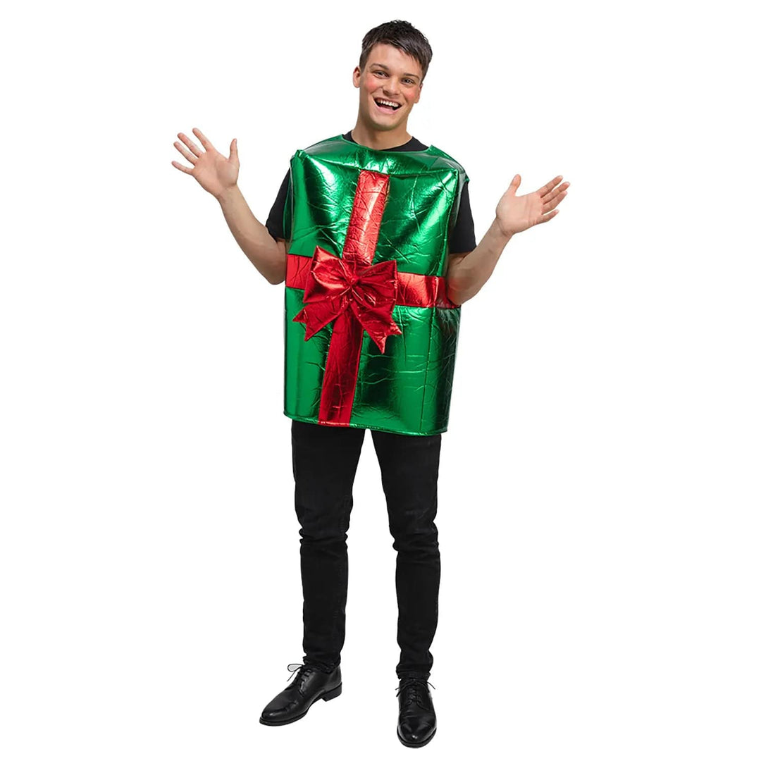 Man wearing a green and red shiny Christmas present shape fancy dress costume for festive parties