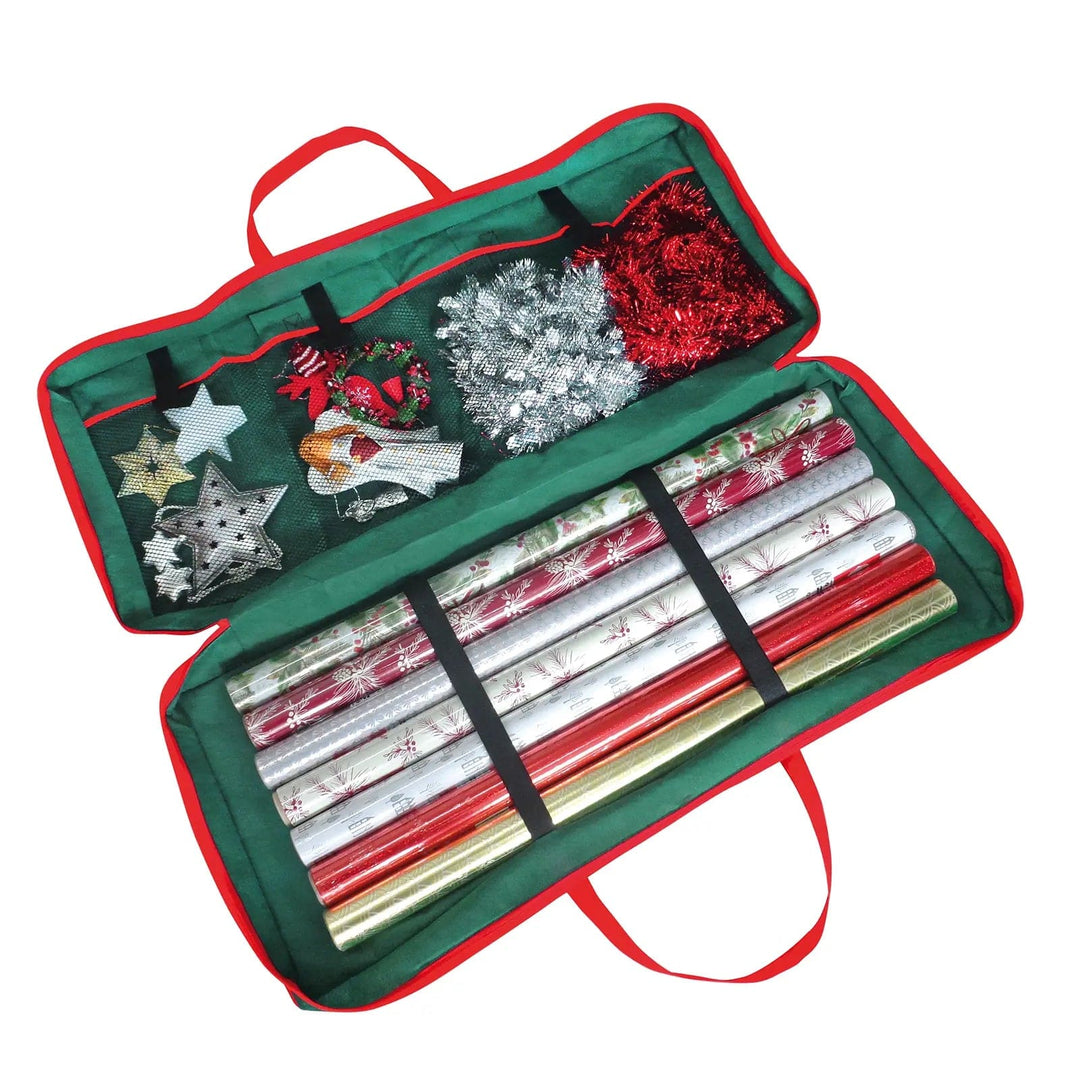 Christmas storage bag in green and red, open to show rolls of wrapping paper and accessories