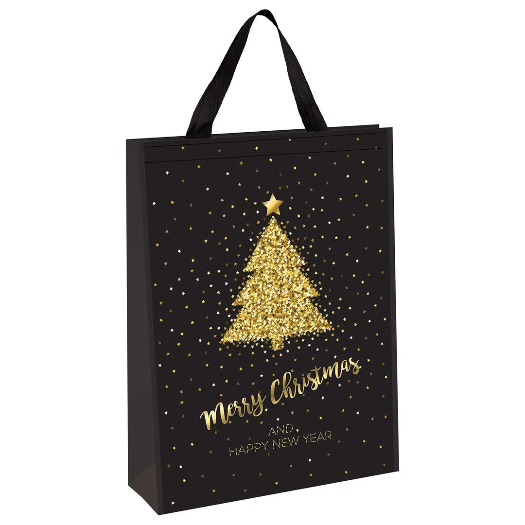 Large Christmas gift bag in black with gold Christmas tree, stars and MerryChristmas slogan