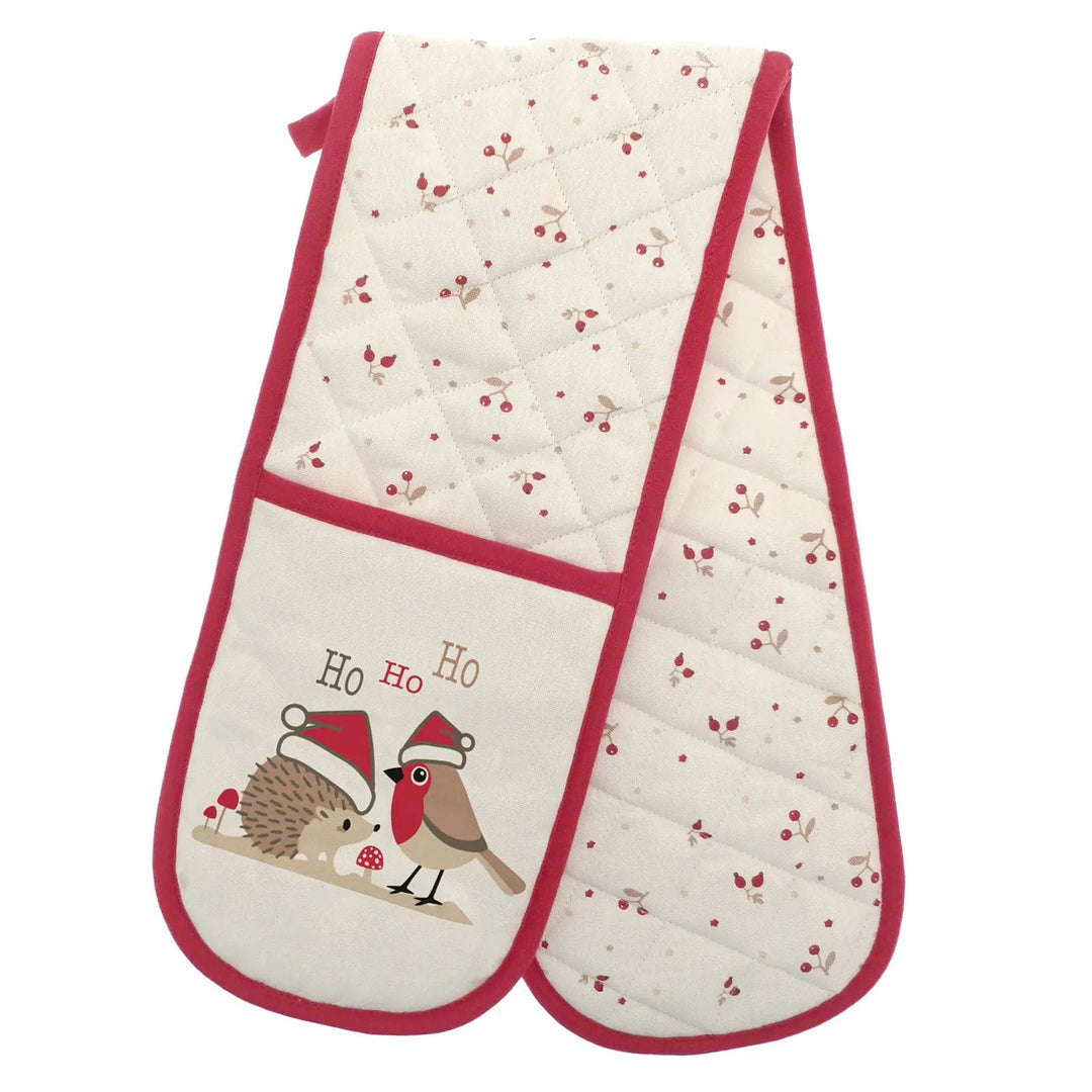 Christmas double oven glove with hedgehog and robin in santa hats and all over berry design