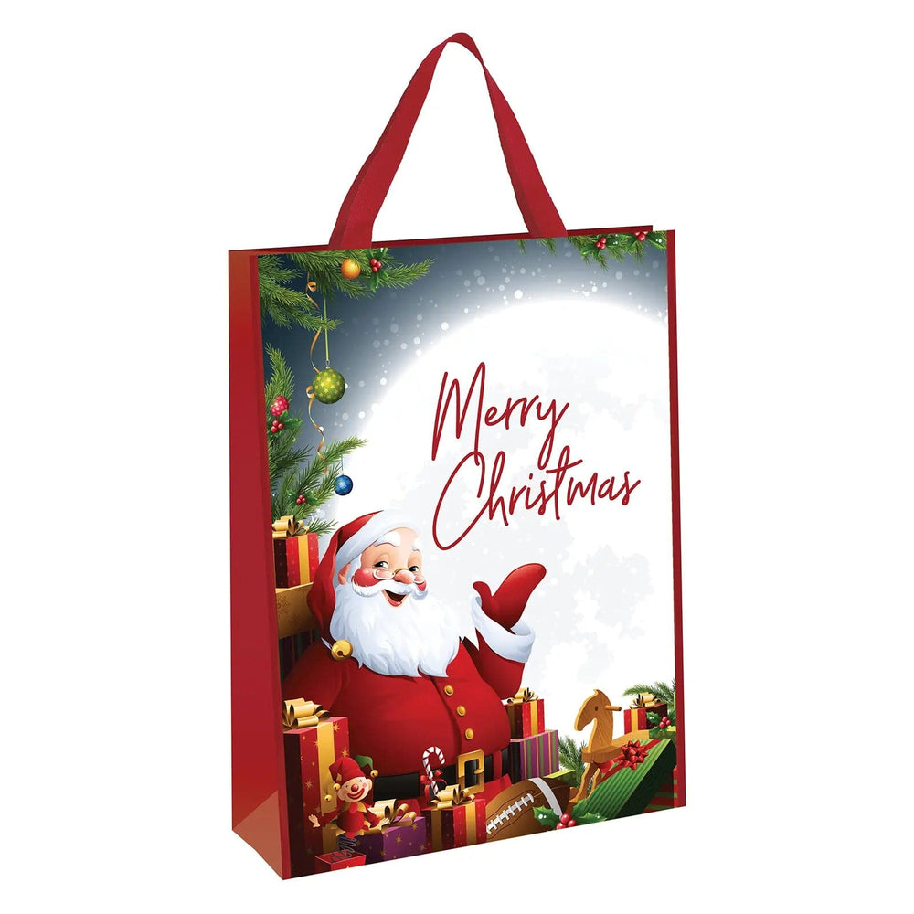 Large Christmas gift bag with red handles and printed image of Santa surrounded by toys and presents