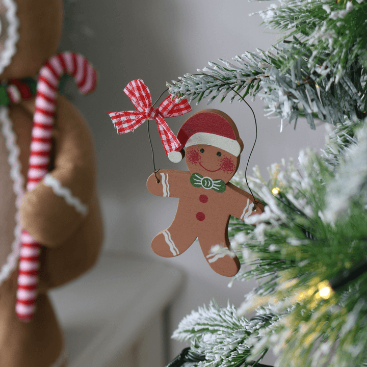 Set Of 6 Gingerbread Man Xmas Tree Decorations Wooden Boxed