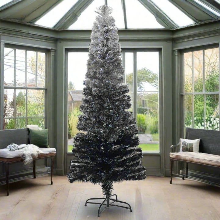 6ft Fibre Optic Pencil Christmas Tree Black Grey Ombre