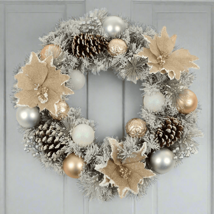 50cm Grey Snowy Wreath With Gold/Silver Decorations