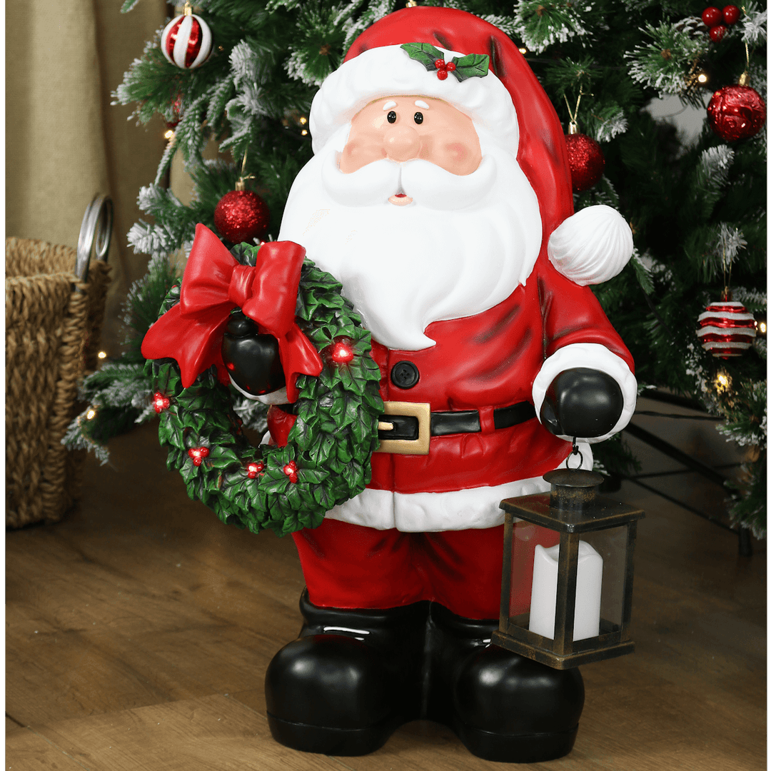 Large Light Up Santa Christmas Ornament With Lantern Wreath 64cm