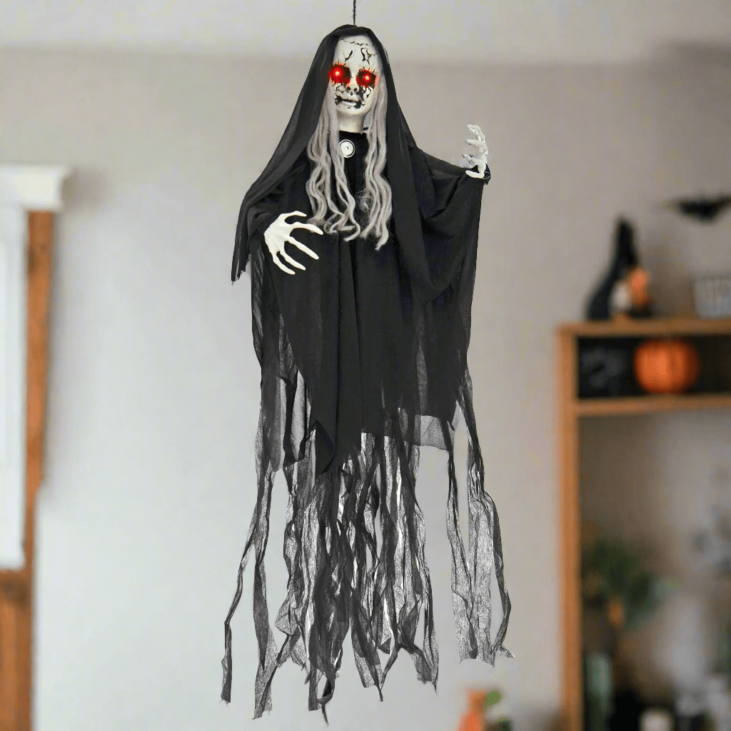 Hanging Scary Girl Light Up Eyes Sounds Halloween Decoration 1m