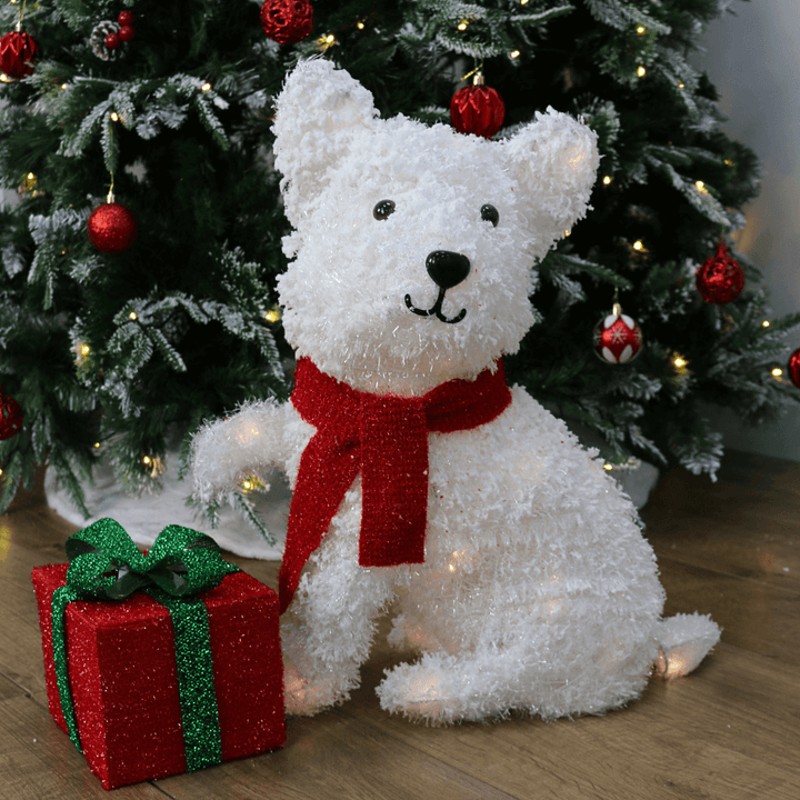 White LED Dog With Gift Christmas Decoration Tinsel Snow 56cm