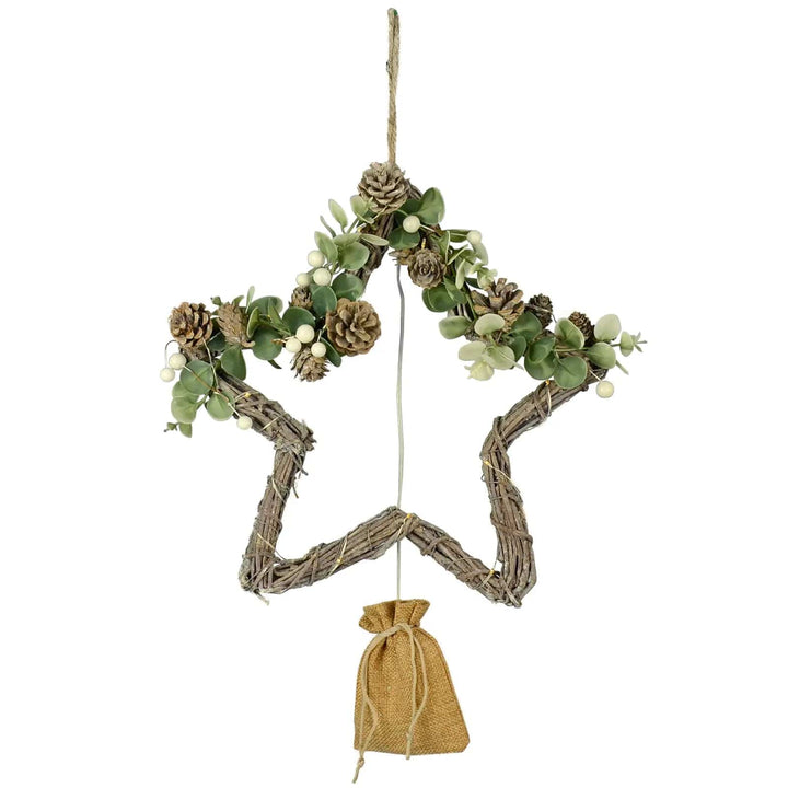 Star shape, light up Christmas decoration with pine cones, snow berries and twig frame