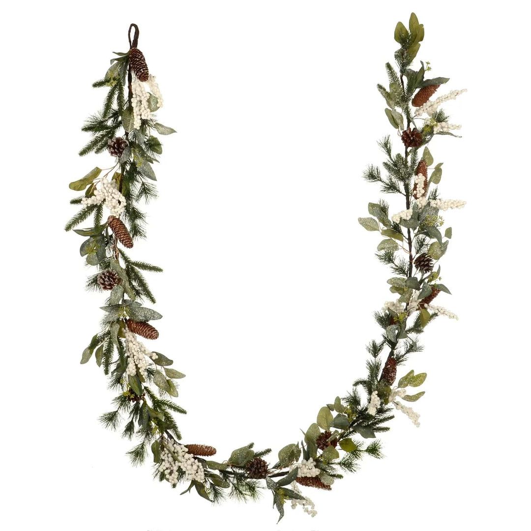 large 9ft long garland with green leaves, white snowberries and pine cones