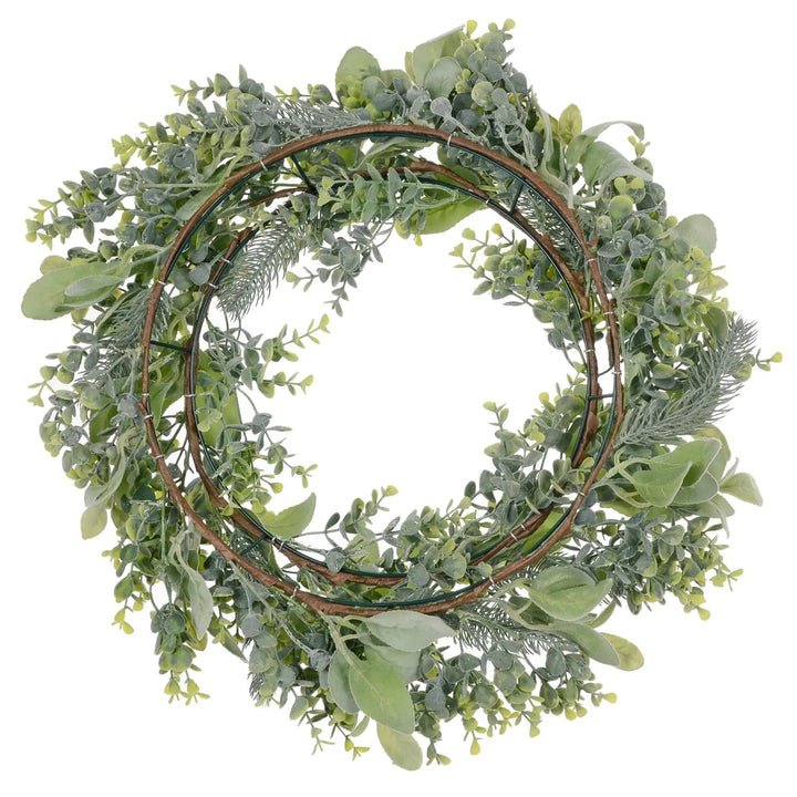 Back of green leaf Christmas wreath showing double ring base