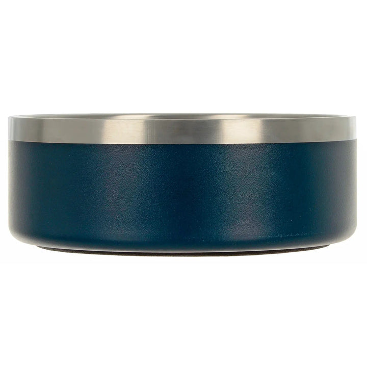 Side view of a large navy blue and silver pet food or water dish