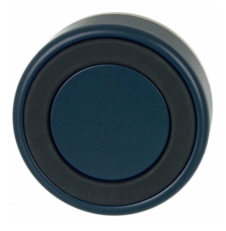 Non slip black rubber on the base of a navy blue stainless steel, heavy duty dog bowl