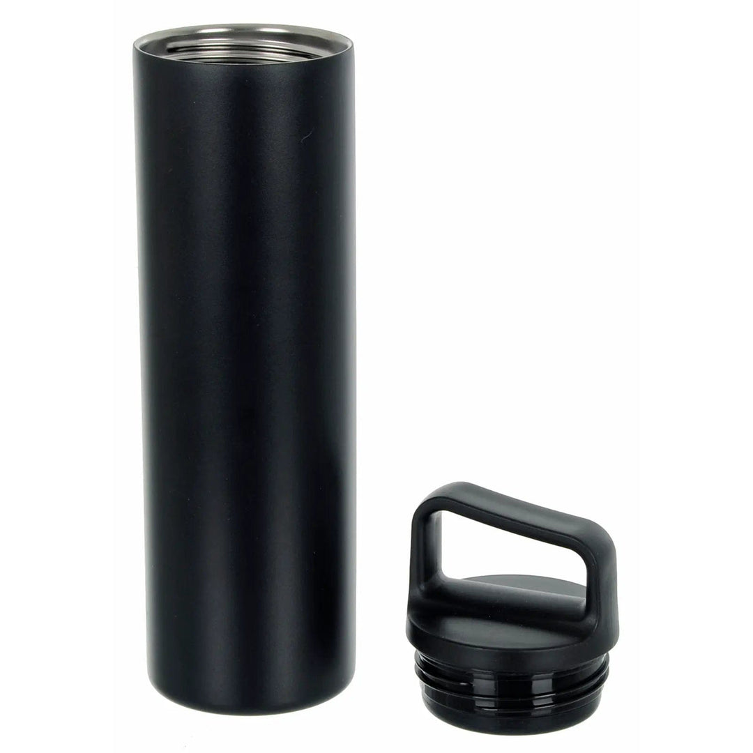 Wide mouth black stainless steel insulated water bottle with lid off to show screw top