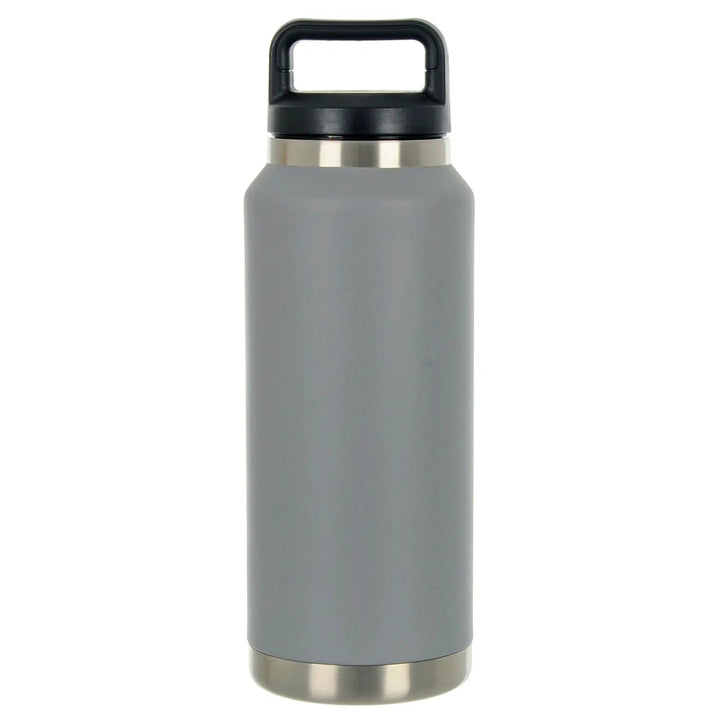 Grey stainless steel heavy duty insulated water bottle with black handle lid