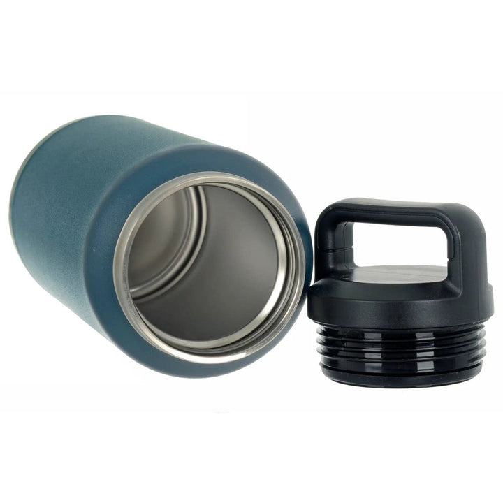 Large teal blue stainless steel water bottle with black lid off to show inside the vacuum flask