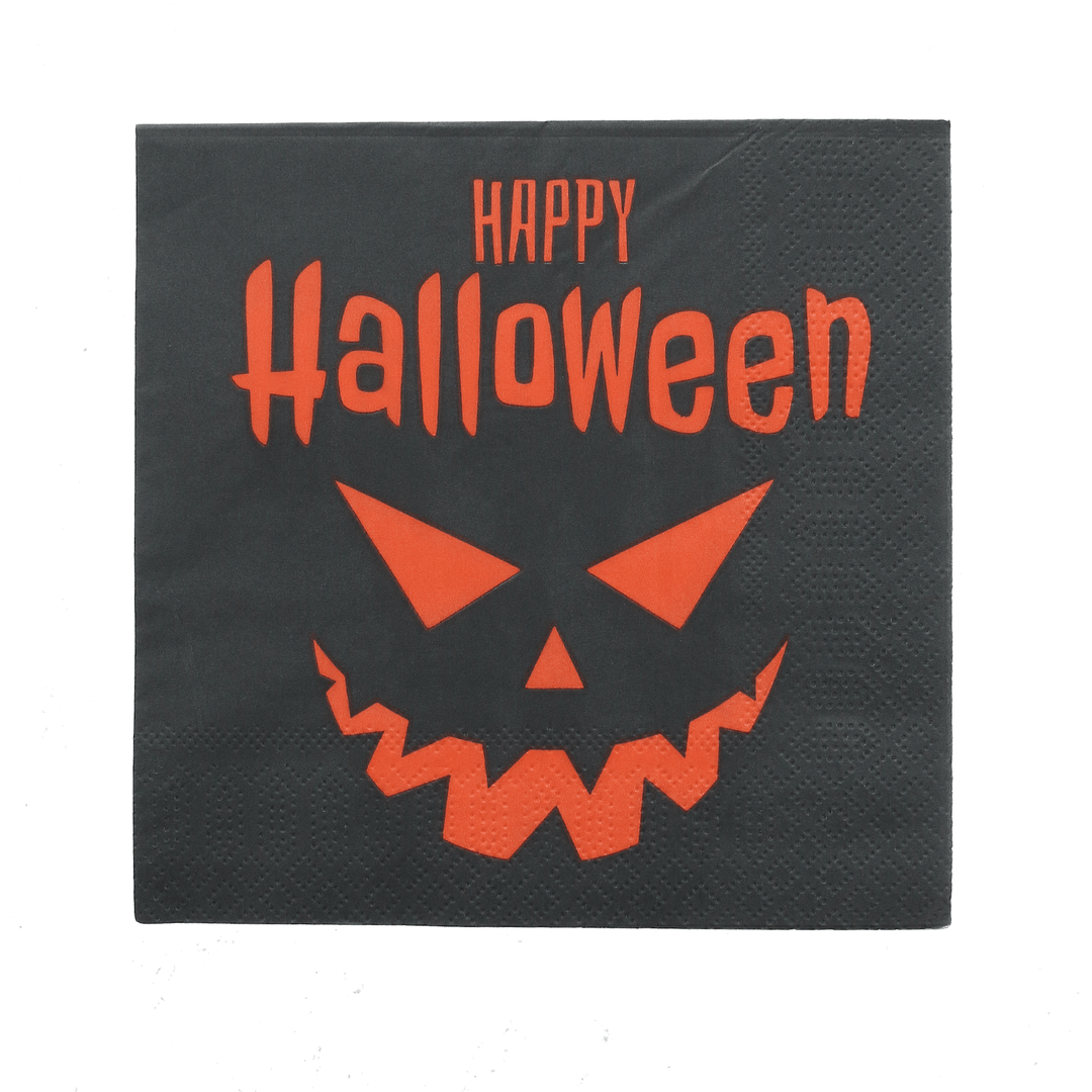 single black halloween napkin featuring Happy Halloween orange slogan with spooky orange pumpkin face