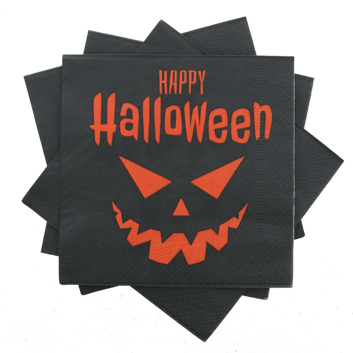 4 napkins spread out featuring black background with orange happy halloween slogan and pumpkin face