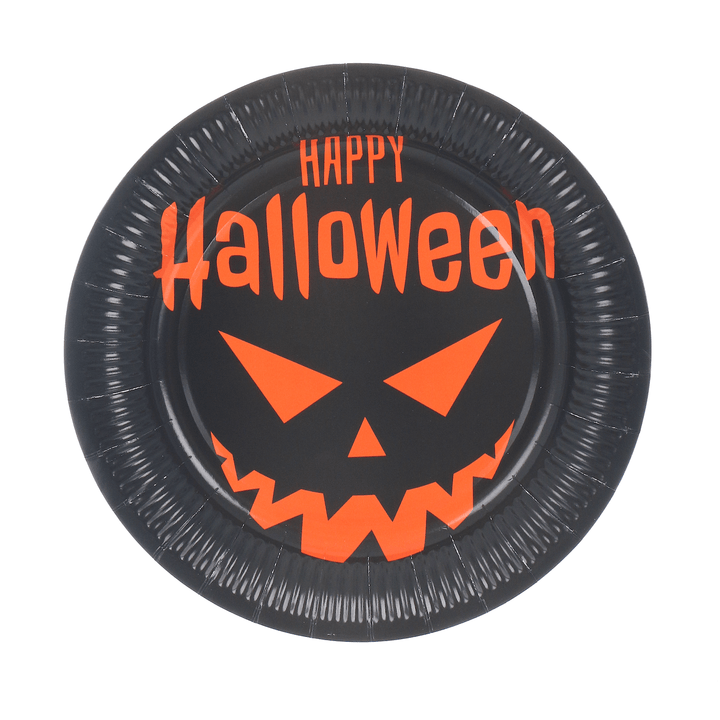 black happy halloween paper plate on white background featuring orange happy halloween slogan with spooky pumpkin face