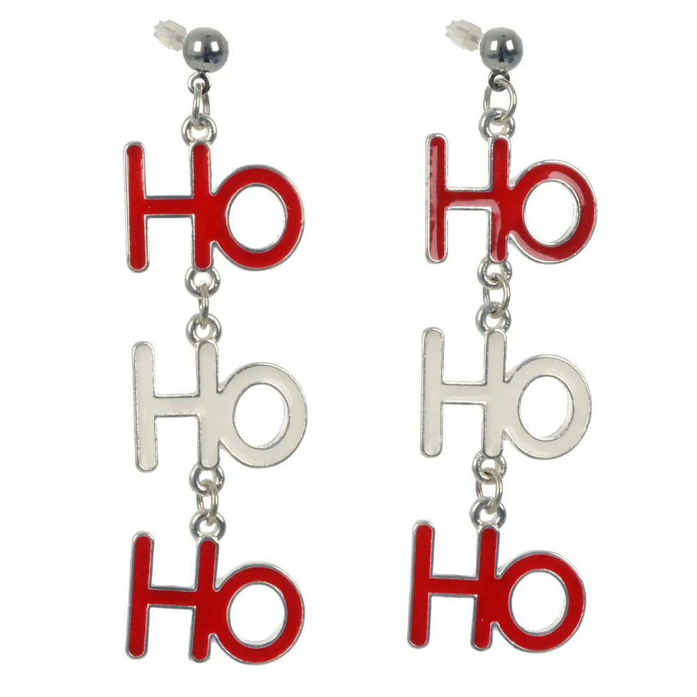 Pair of Christmas drop earrings with Ho Ho Ho lettering in red and white