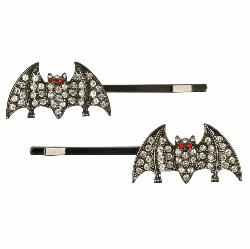 Set of 2 bat design hair slides with red and clear diamante detail for Halloween parties