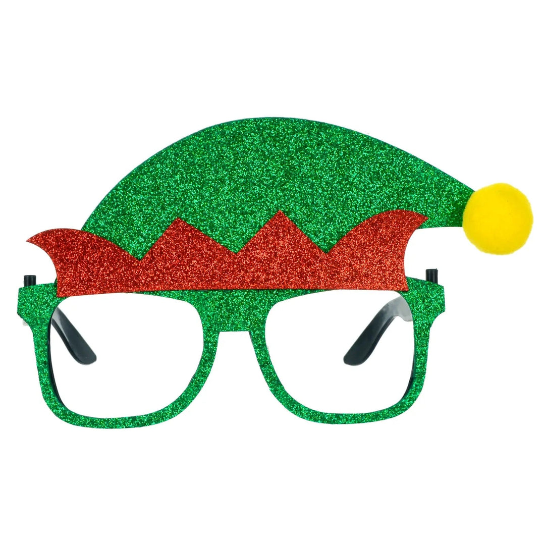 Face view of greena dn red glitter Christmas glasses with yellow pom pom on hat