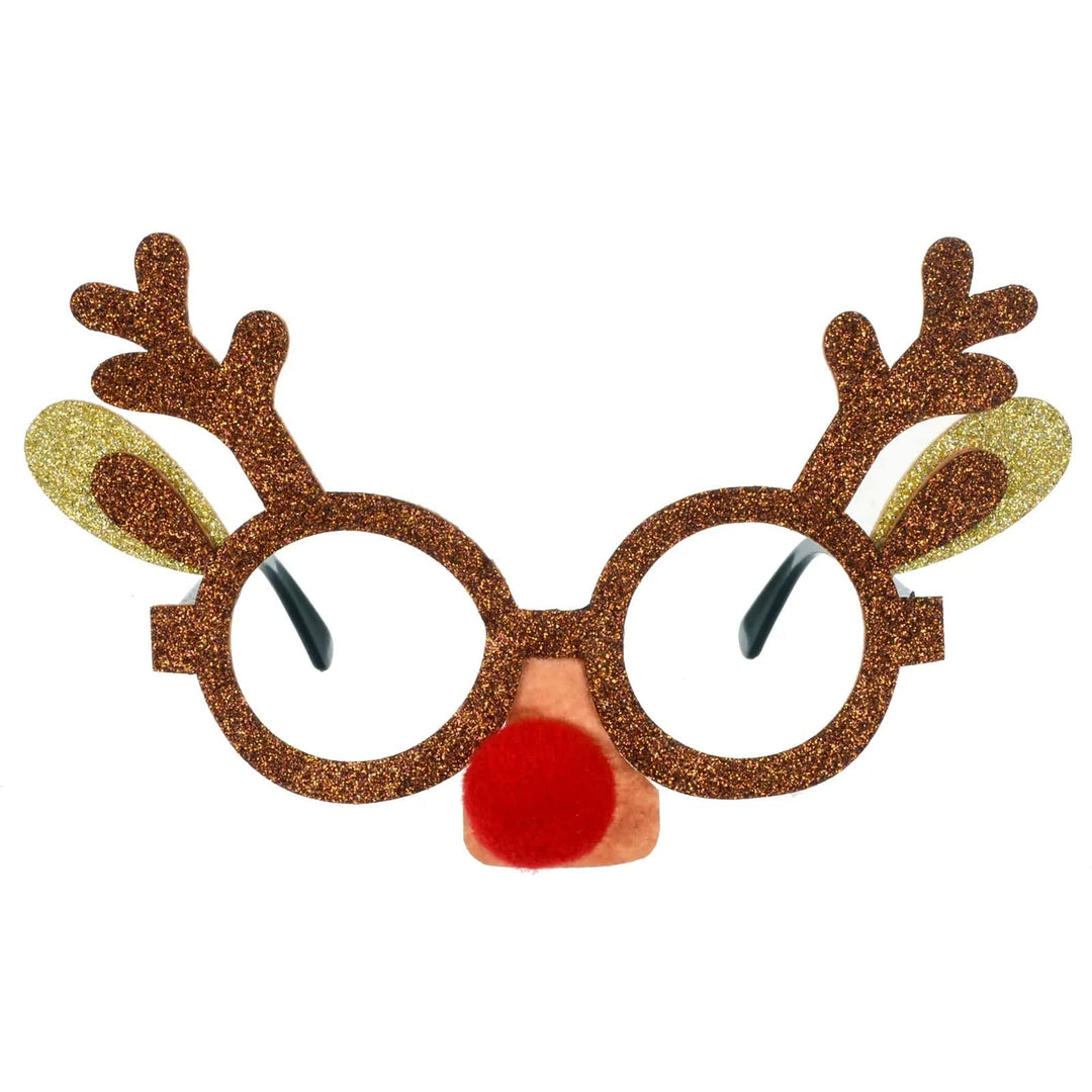 Brown glitter and red pom pom nose reindeer antler design novelty Christmas glasses for festive parties