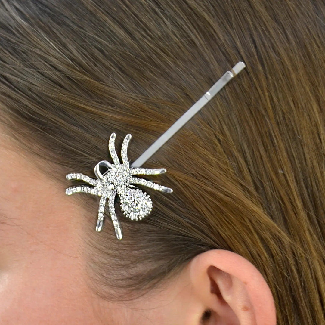 Halloween hair clip with silver spider decorated with diamante jewels for fancy dress parties