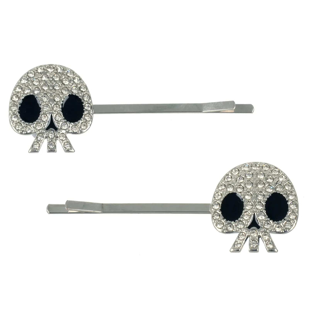 Set of 2 Halloween hair clips with Silver skulls studded with diamante clusters