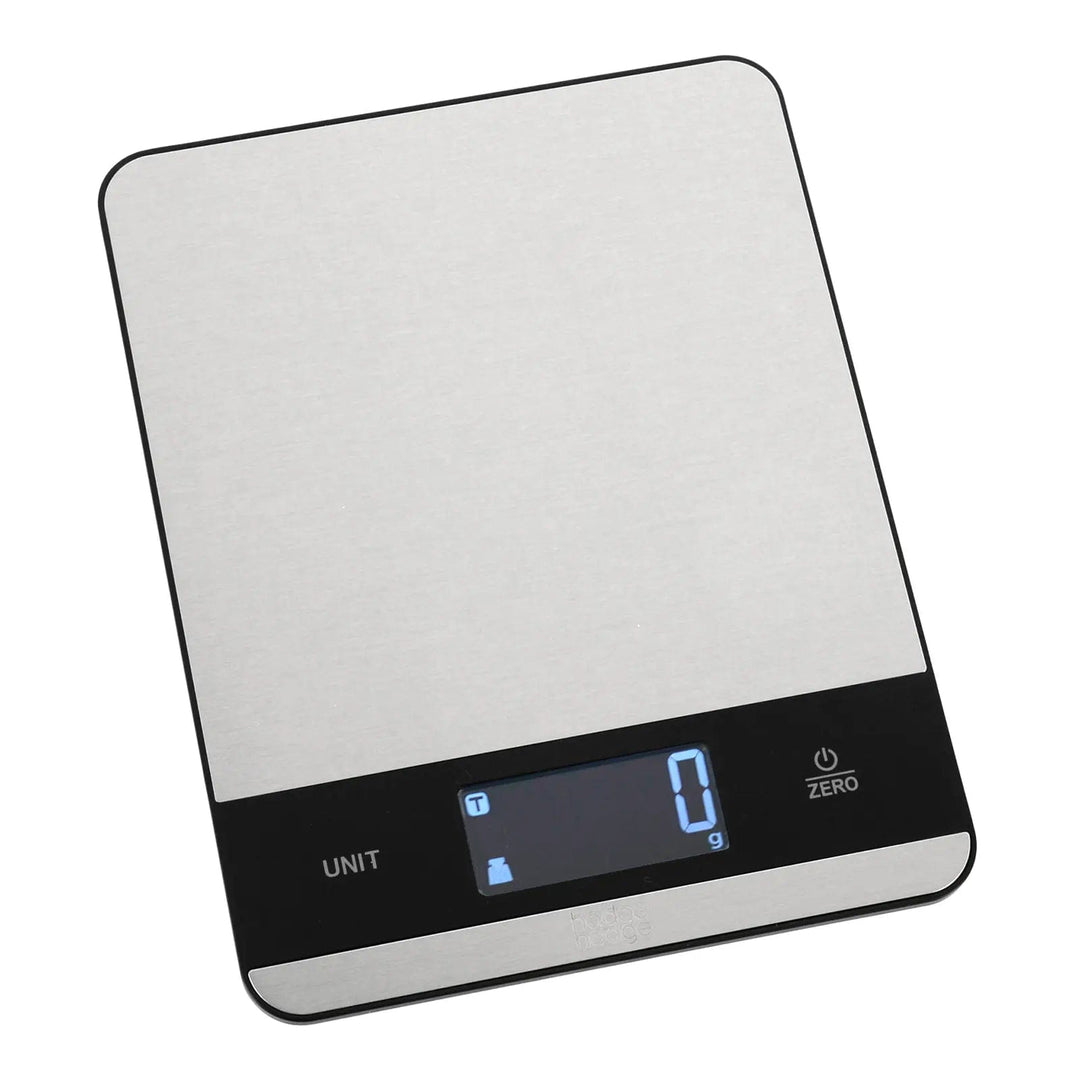 Stainless steel and black electronic kitchen scales