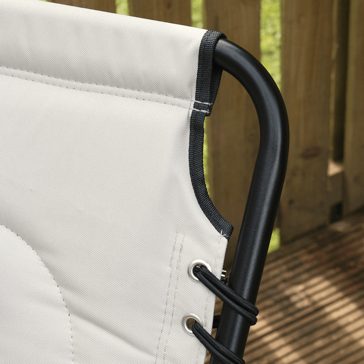 black stainless steel frame with white padded material featuring black contrasting edge on sun lounger