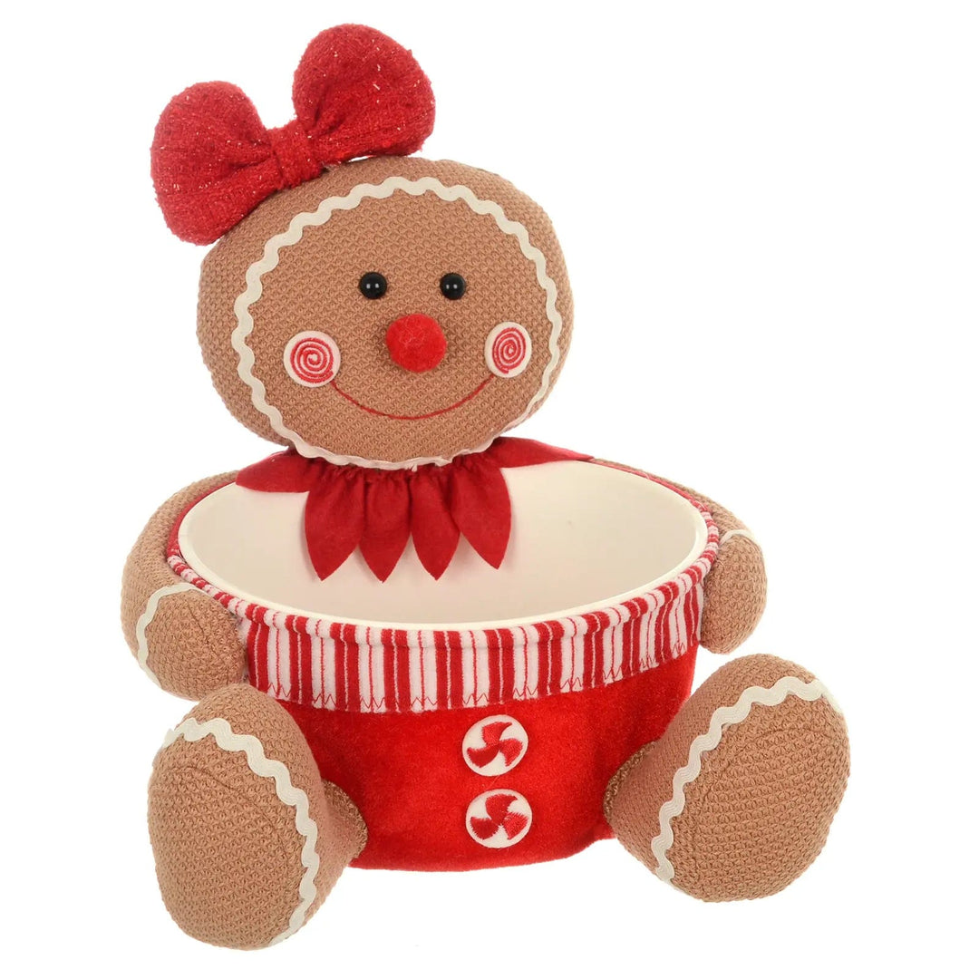 Christmas candy holder with gingerbread lady figure holding the bowl