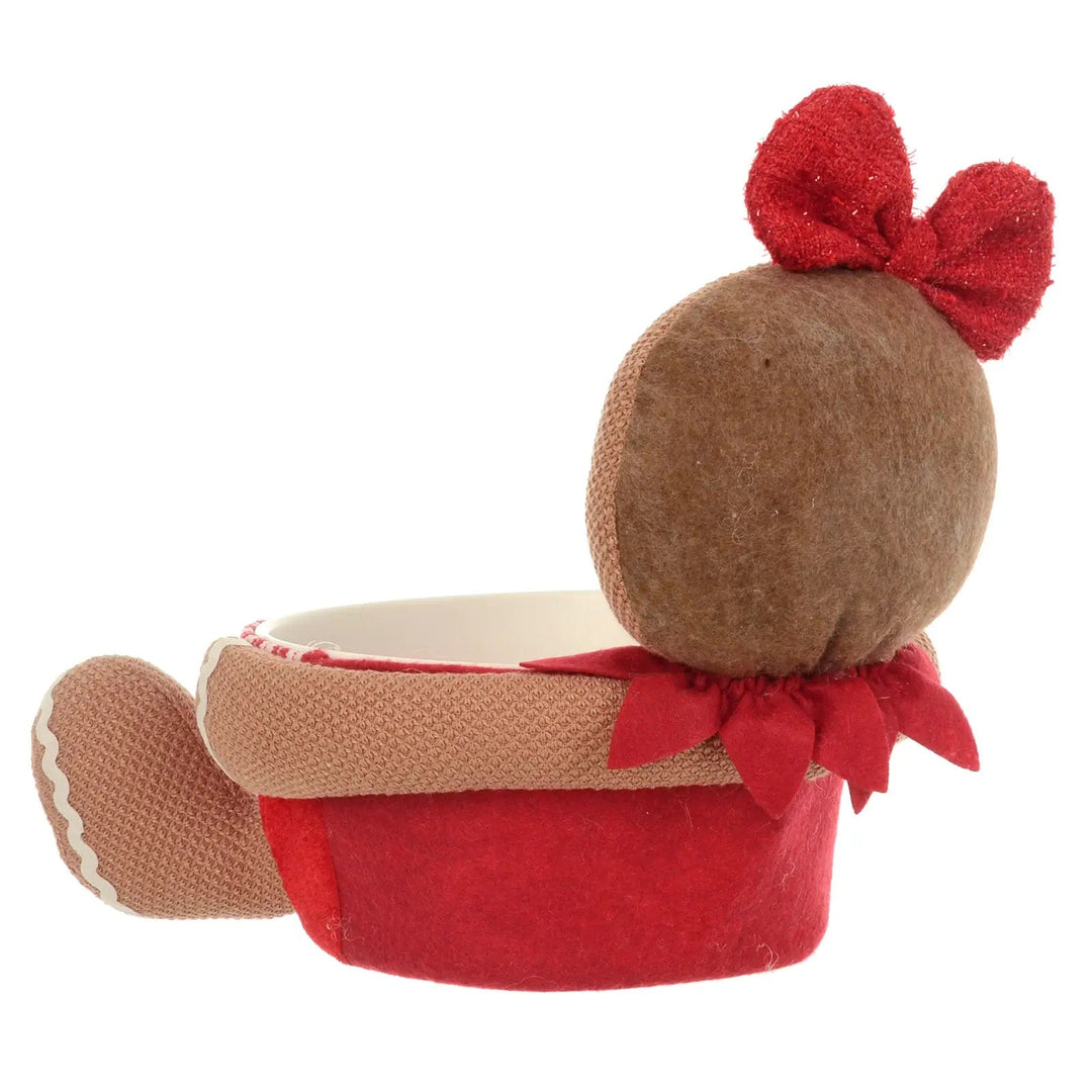 Back view of a gingerbread lady Christmas sweets bowl in brown and red