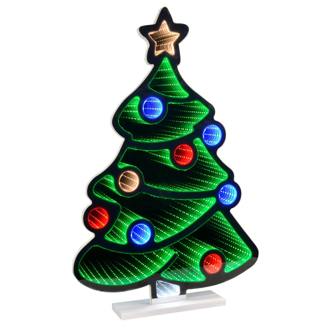 Christmas Tree shape infinity mirror light with star and coloured baubles