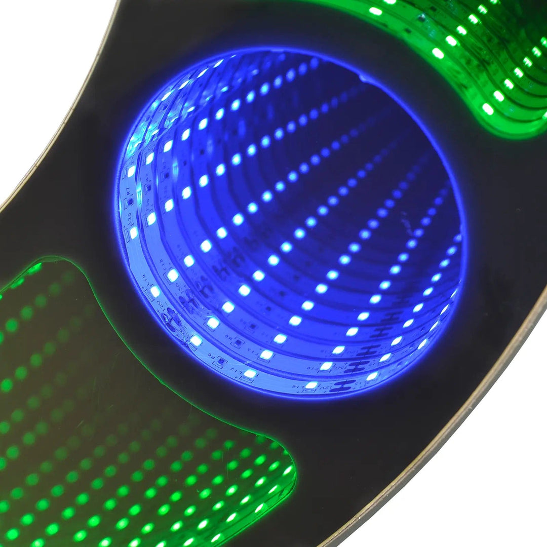 Close up of blue LED lights in an infinity mirror Christmas wreath decoration