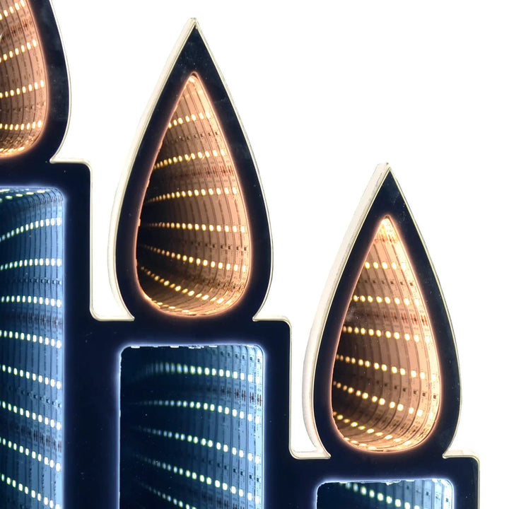 Close up of Christmas Candle Bridge Infinity mirror decoration with warm and cool white LED lights