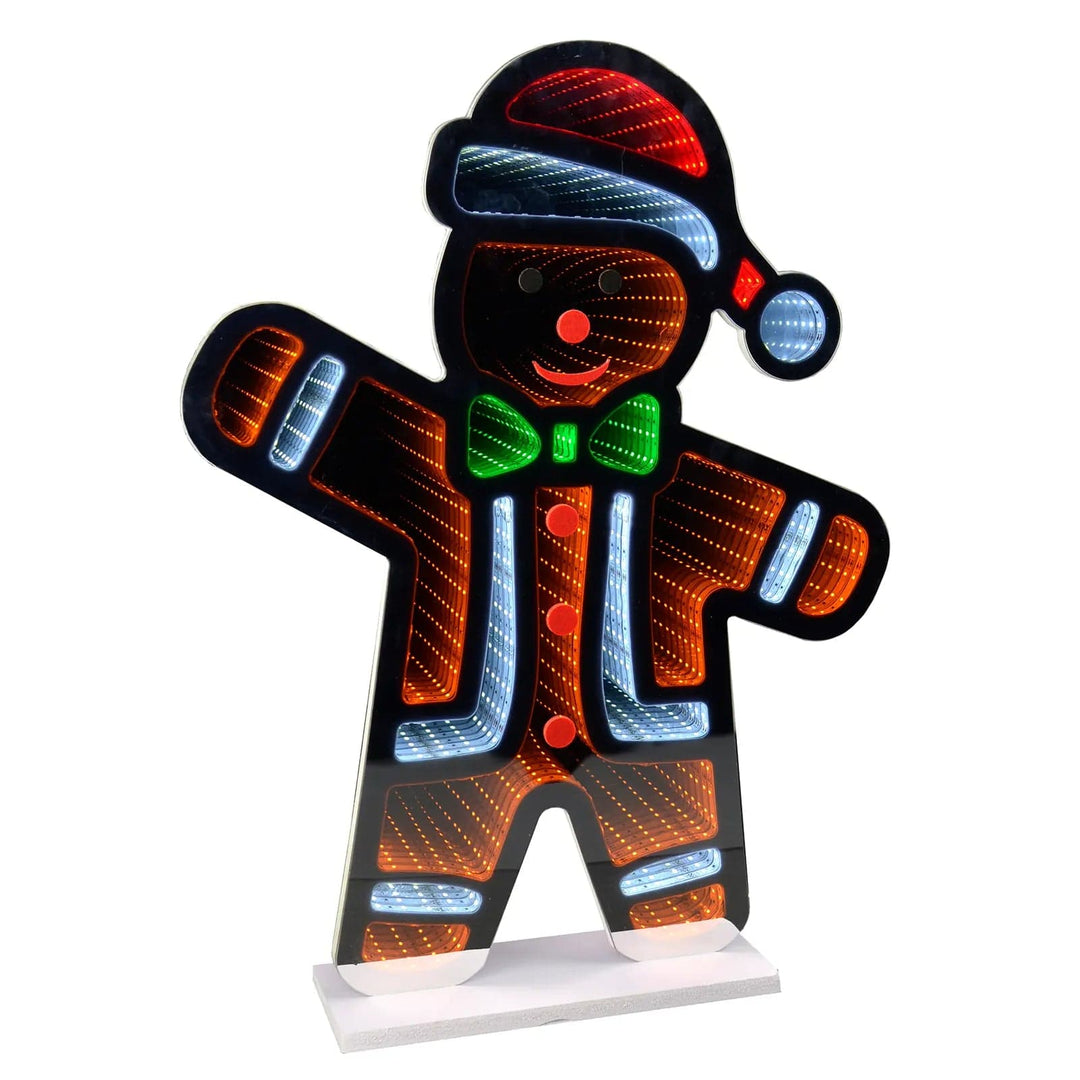 Infinity mirror light shaped like a Christmas gingerbread man with coloured LED lights