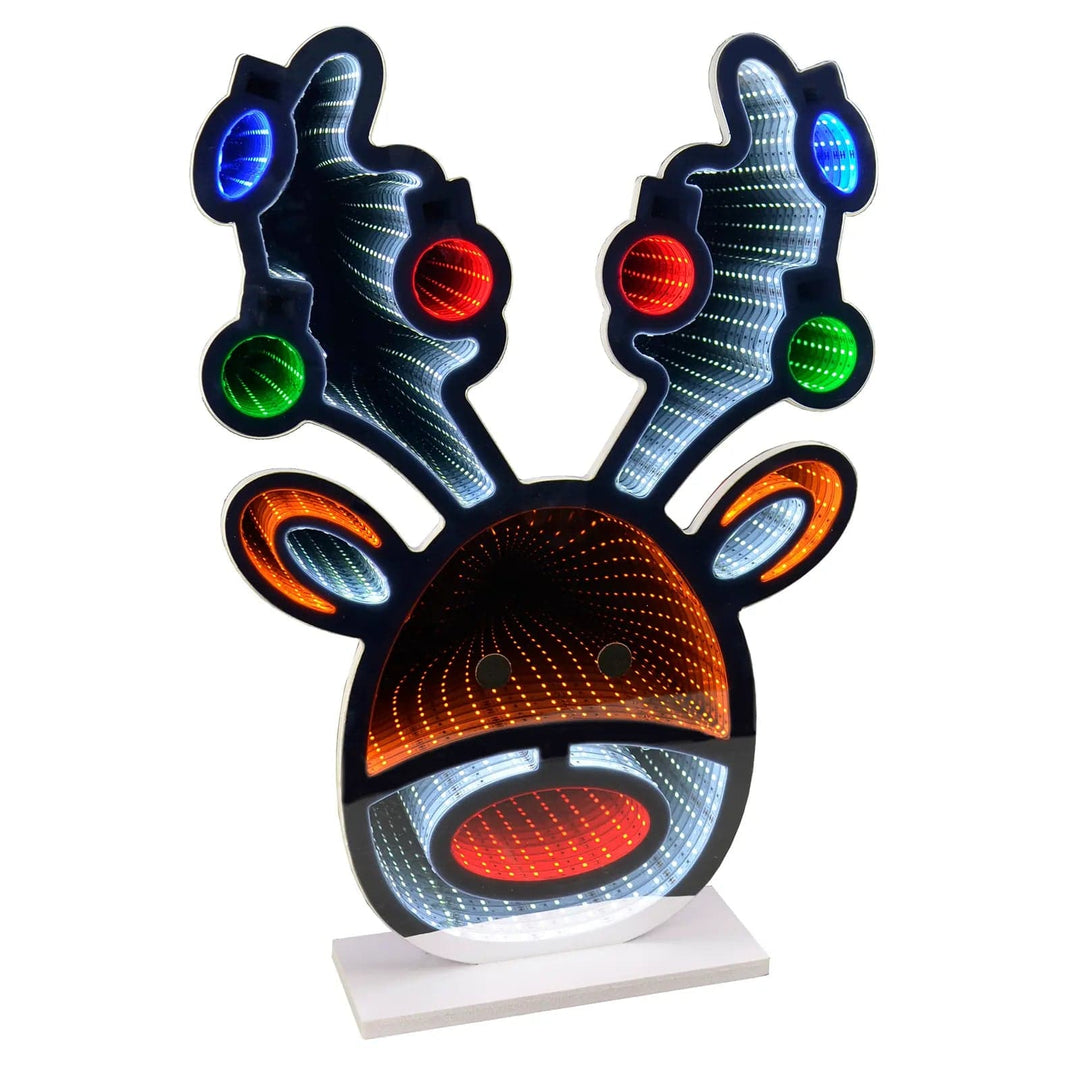 Rudolph reindeer Christmas infinity mirror light decoration with multicolour LED lights