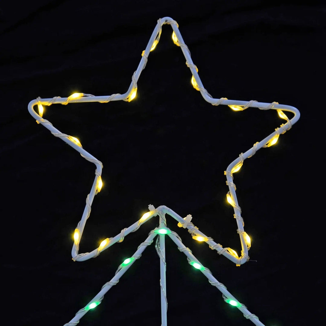 Yellow LED lights lit on a star tree topper Christmas silhouette light