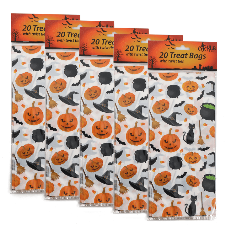 5 packs of 20 trick or treat bags with twist ties featuring witch accessories
