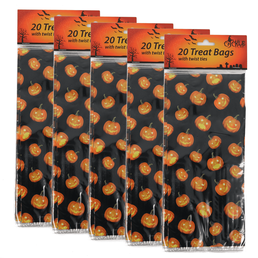 5 packs of 20 halloween treat bags featuring pumpkin faces on black background