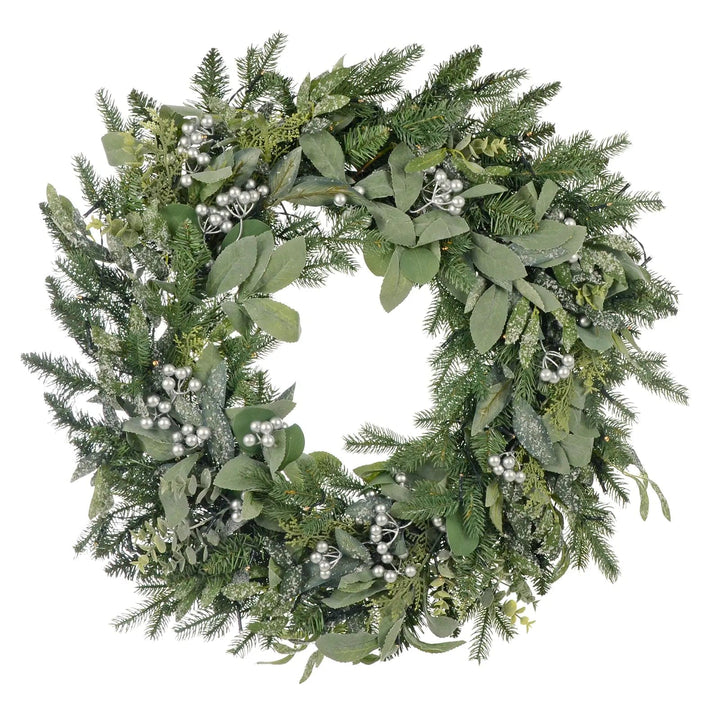 Large green and silver Christmas wreath with mixed leaves foliage and silver berries